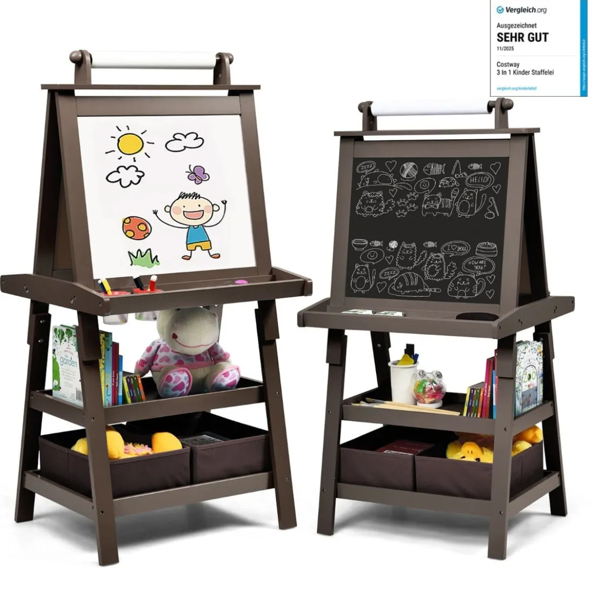 3 in 1 Kinder Staffelei Kindertafel doppelseitig Whiteboard Standtafel inkl. Magneten für Kleinkinder Kaffee