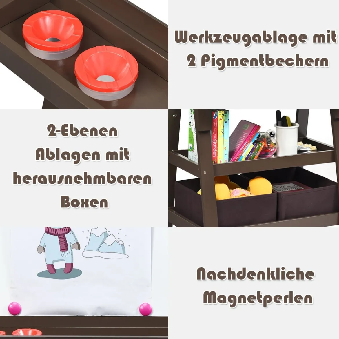 3 in 1 Kinder Staffelei Kindertafel doppelseitig Whiteboard Standtafel inkl. Magneten für Kleinkinder Kaffee