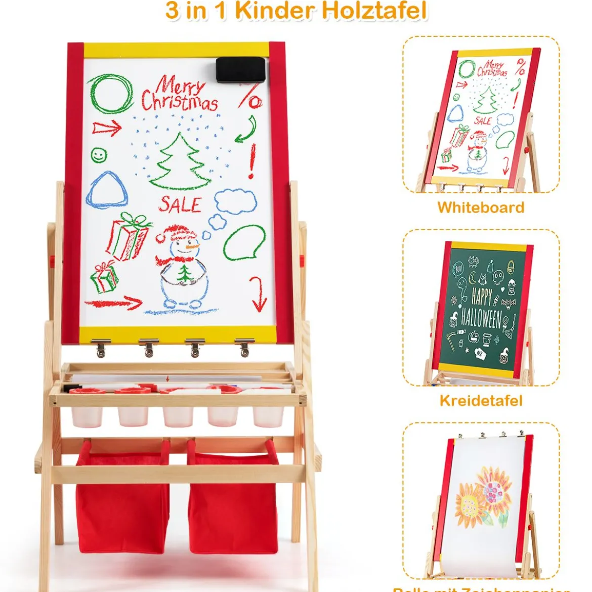 3 in 1 Kinder Staffelei Kindertafel doppelseitig Whiteboard & Kreidetafel 52,5x51,5x106,5 cm