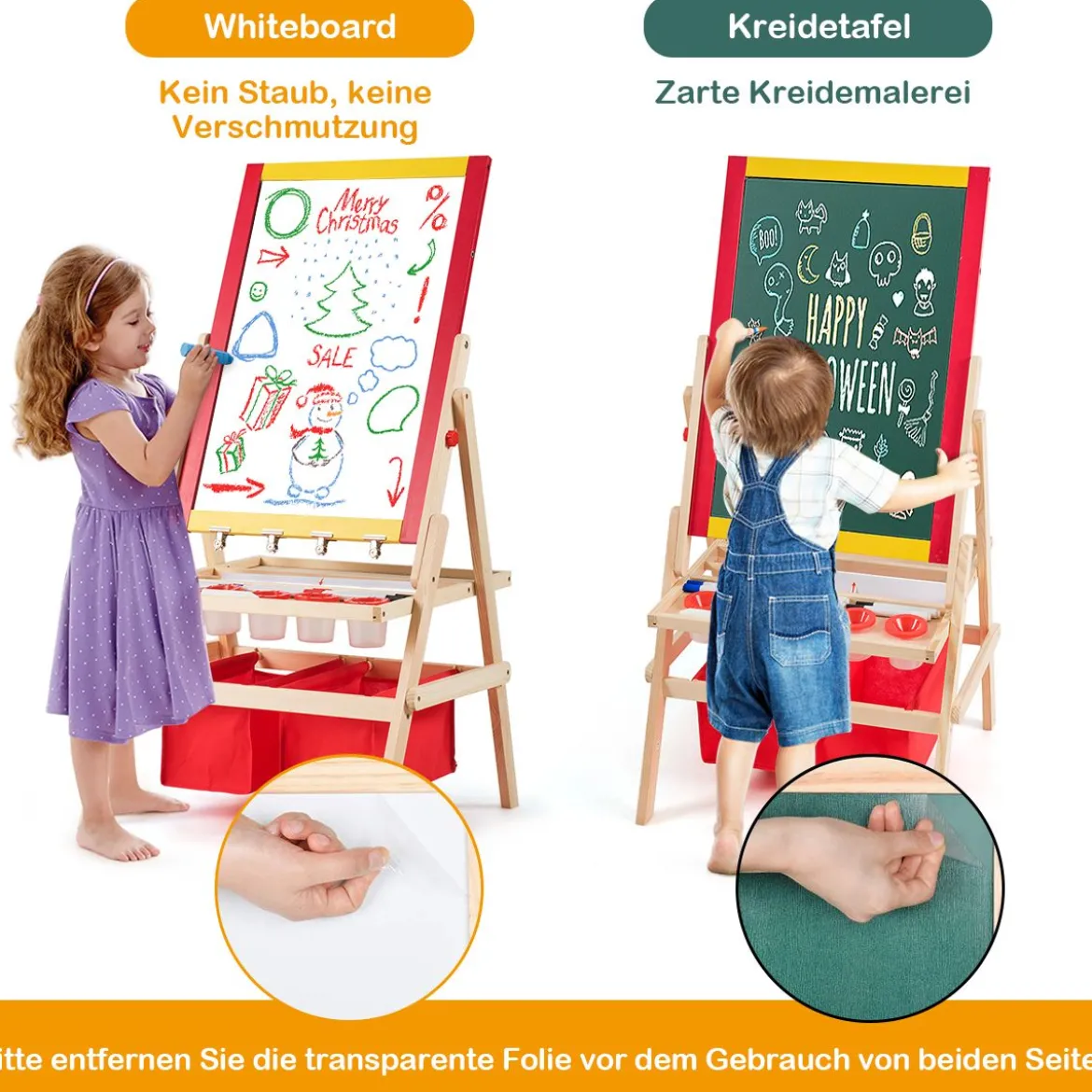 3 in 1 Kinder Staffelei Kindertafel doppelseitig Whiteboard & Kreidetafel 52,5x51,5x106,5 cm