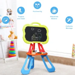 3 in 1 Kinder Staffelei Kindertafel doppelseitig Standtafel magnetisch Zeichentafel Whiteboard & Tafel mit Malzubehör und Ablagefach