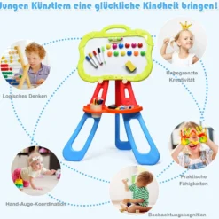 3 in 1 Kinder Staffelei Kindertafel doppelseitig Standtafel magnetisch Zeichentafel Whiteboard & Tafel mit Malzubehör und Ablagefach
