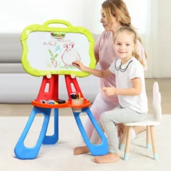 3 in 1 Kinder Staffelei Kindertafel doppelseitig Standtafel magnetisch Zeichentafel Whiteboard & Tafel mit Malzubehör und Ablagefach