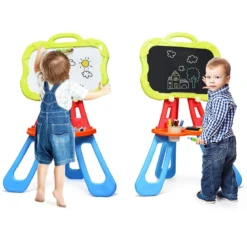 3 in 1 Kinder Staffelei Kindertafel doppelseitig Standtafel magnetisch Zeichentafel Whiteboard & Tafel mit Malzubehör und Ablagefach