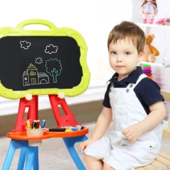 3 in 1 Kinder Staffelei Kindertafel doppelseitig Standtafel magnetisch Zeichentafel Whiteboard & Tafel mit Malzubehör und Ablagefach