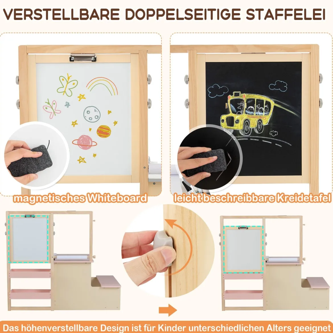 6 in 1 Kinder Staffelei Set Standtafel aus Holz mit doppelseitiger Kreidetafel