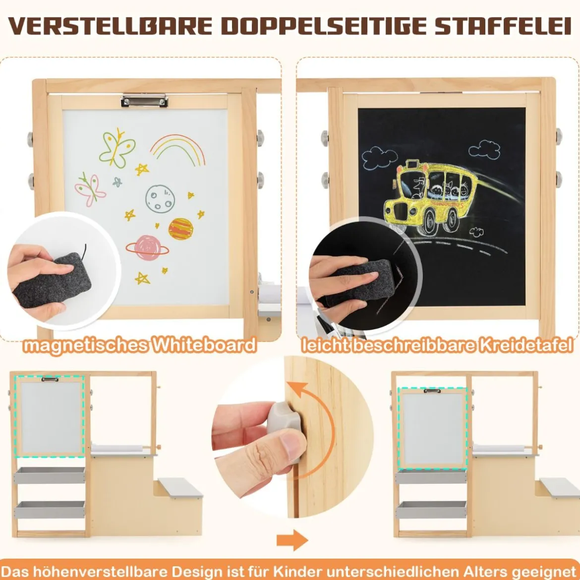 6 in 1 Kinder Staffelei Set Standtafel aus Holz mit doppelseitiger Kreidetafel