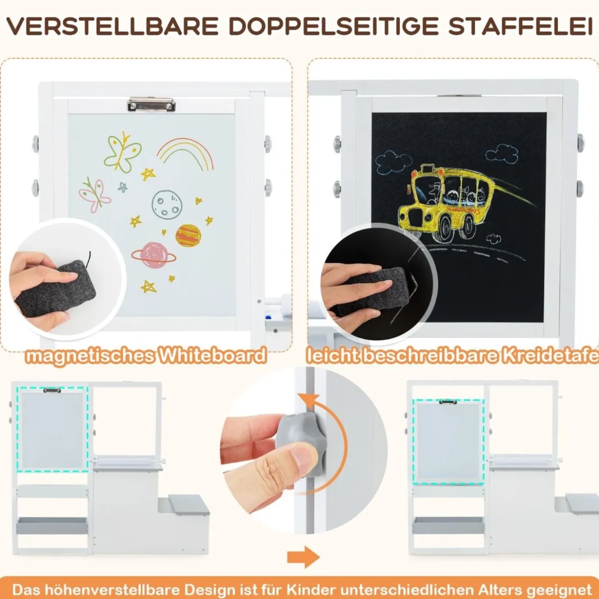 6 in 1 Kinder Staffelei Set Standtafel aus Holz mit doppelseitiger Kreidetafel