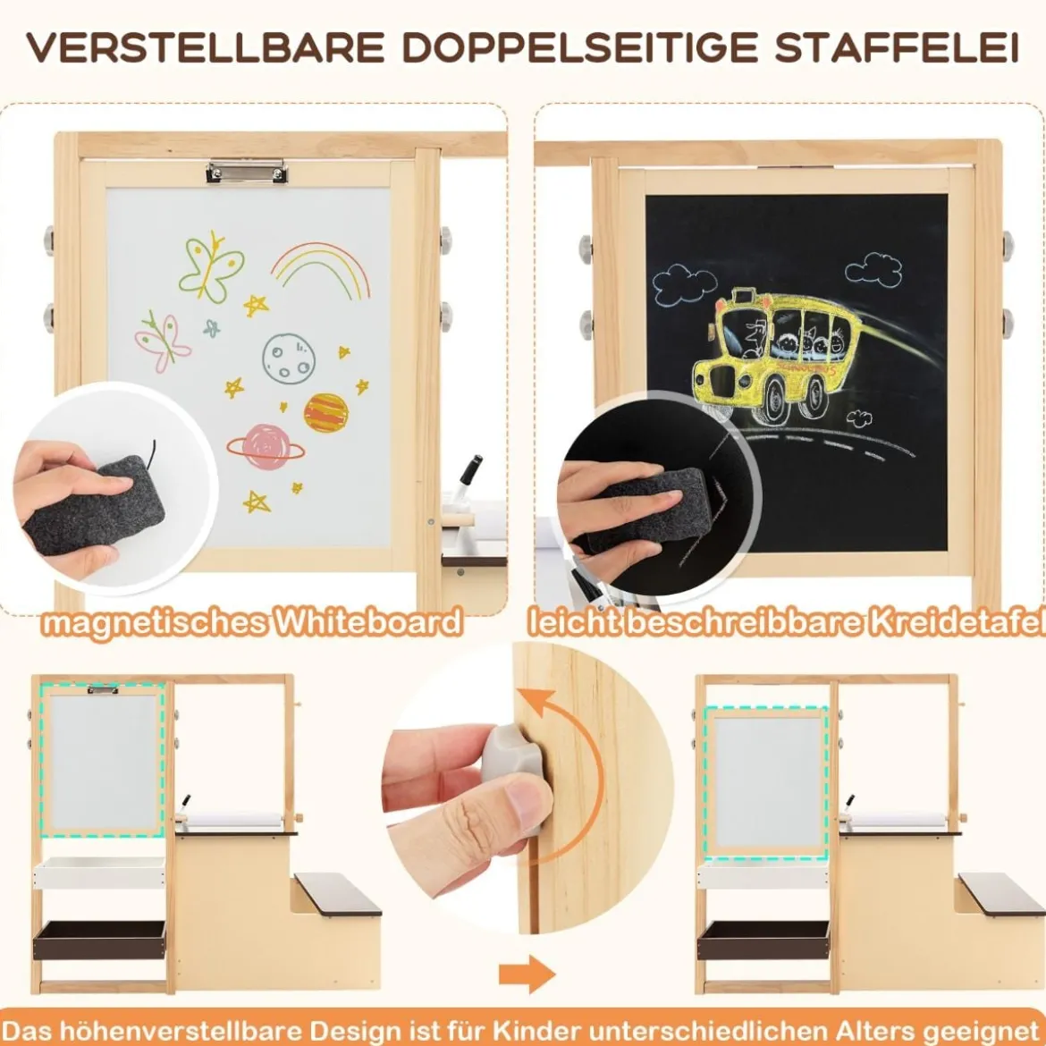 6 in 1 Kinder Staffelei Set Standtafel aus Holz mit doppelseitiger Kreidetafel