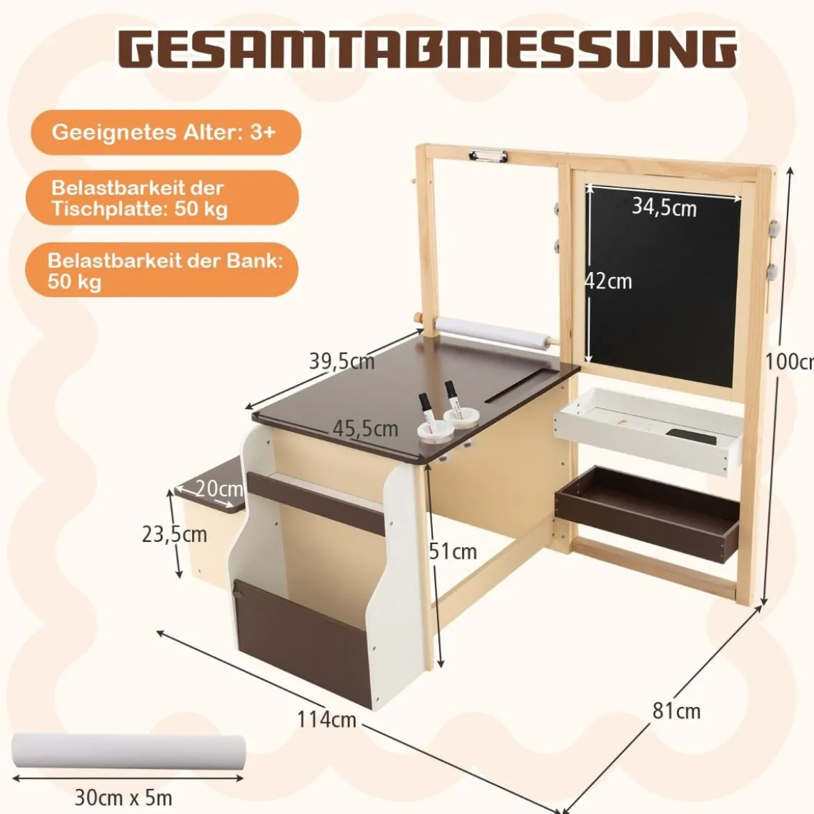 6 in 1 Kinder Staffelei Set Standtafel aus Holz mit doppelseitiger Kreidetafel