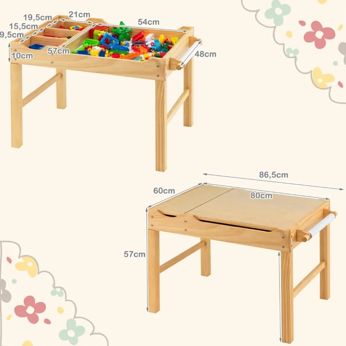 2 in 1 Kindertisch aus Kiefernholz mit Umkehrbarer Tischplatte & Stauraum & Papierrolle Natur