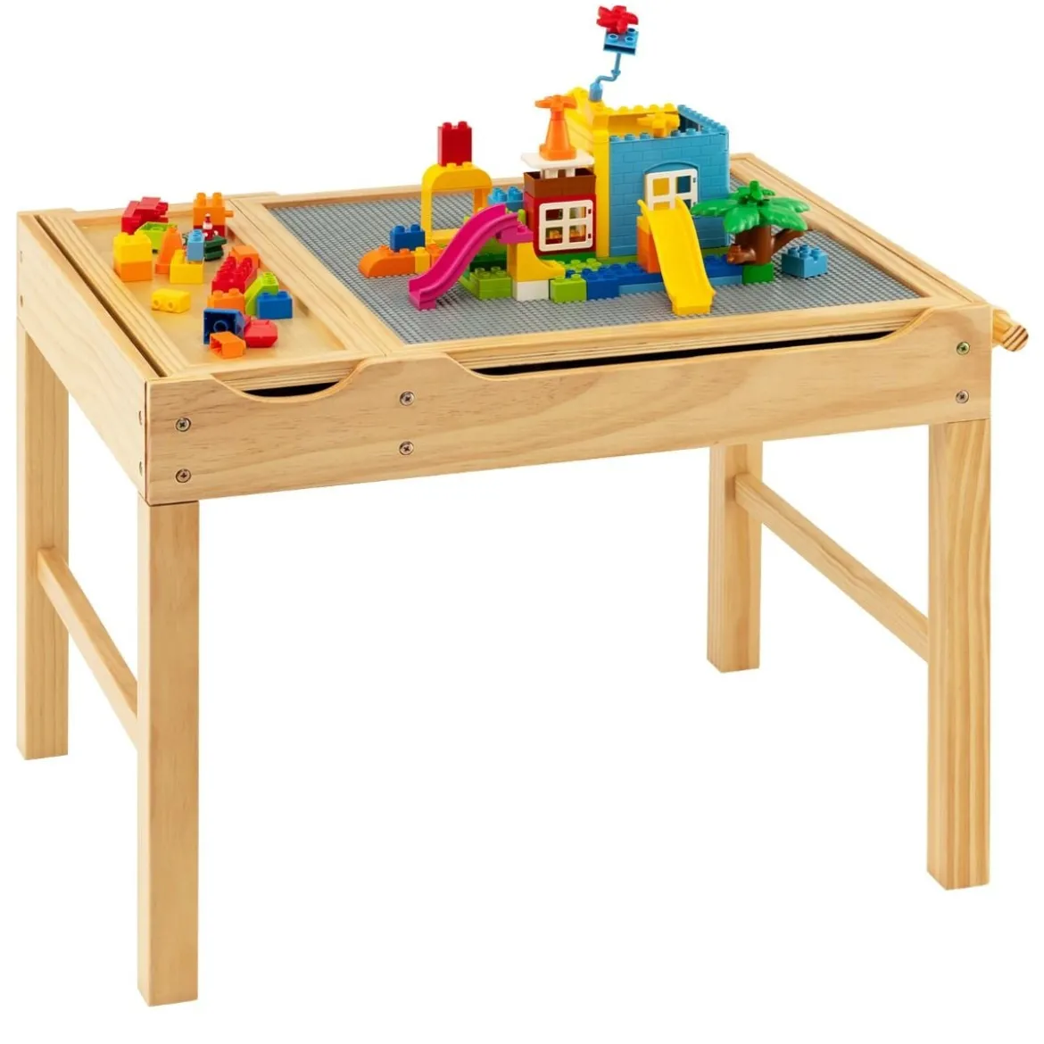 2 in 1 Kindertisch aus Kiefernholz mit Umkehrbarer Tischplatte & Stauraum & Papierrolle Natur