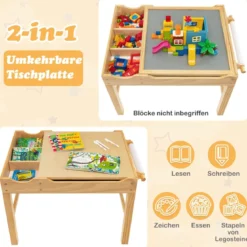 2 in 1 Kindertisch aus Kiefernholz mit Umkehrbarer Tischplatte & Stauraum & Papierrolle Natur