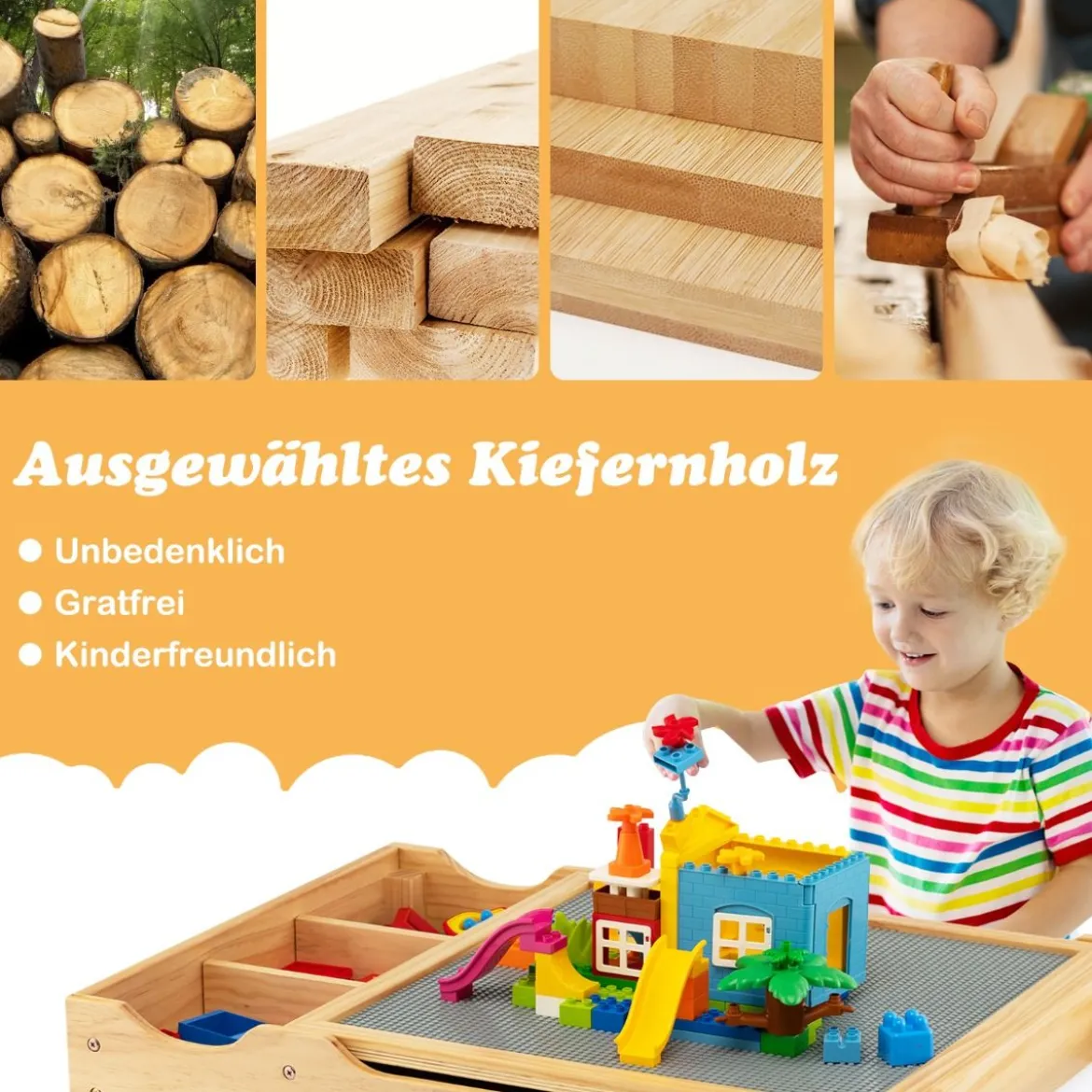 2 in 1 Kindertisch aus Kiefernholz mit Umkehrbarer Tischplatte & Stauraum & Papierrolle Natur