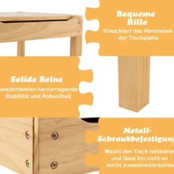 2 in 1 Kindertisch aus Kiefernholz mit Umkehrbarer Tischplatte & Stauraum & Papierrolle Natur