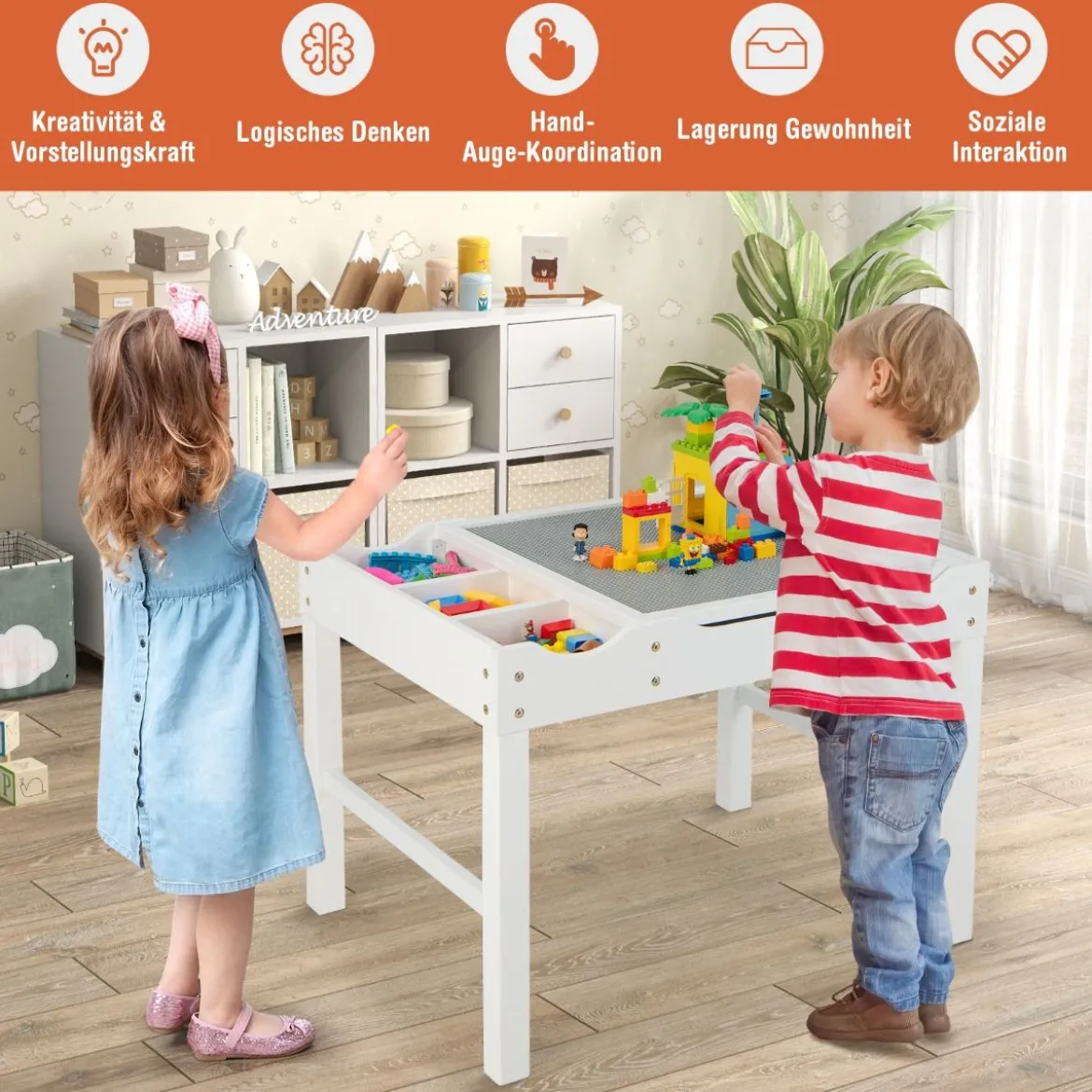 2 in 1 Kindertisch aus Kiefernholz mit Umkehrbarer Tischplatte & Stauraum & Papierrolle Weiß