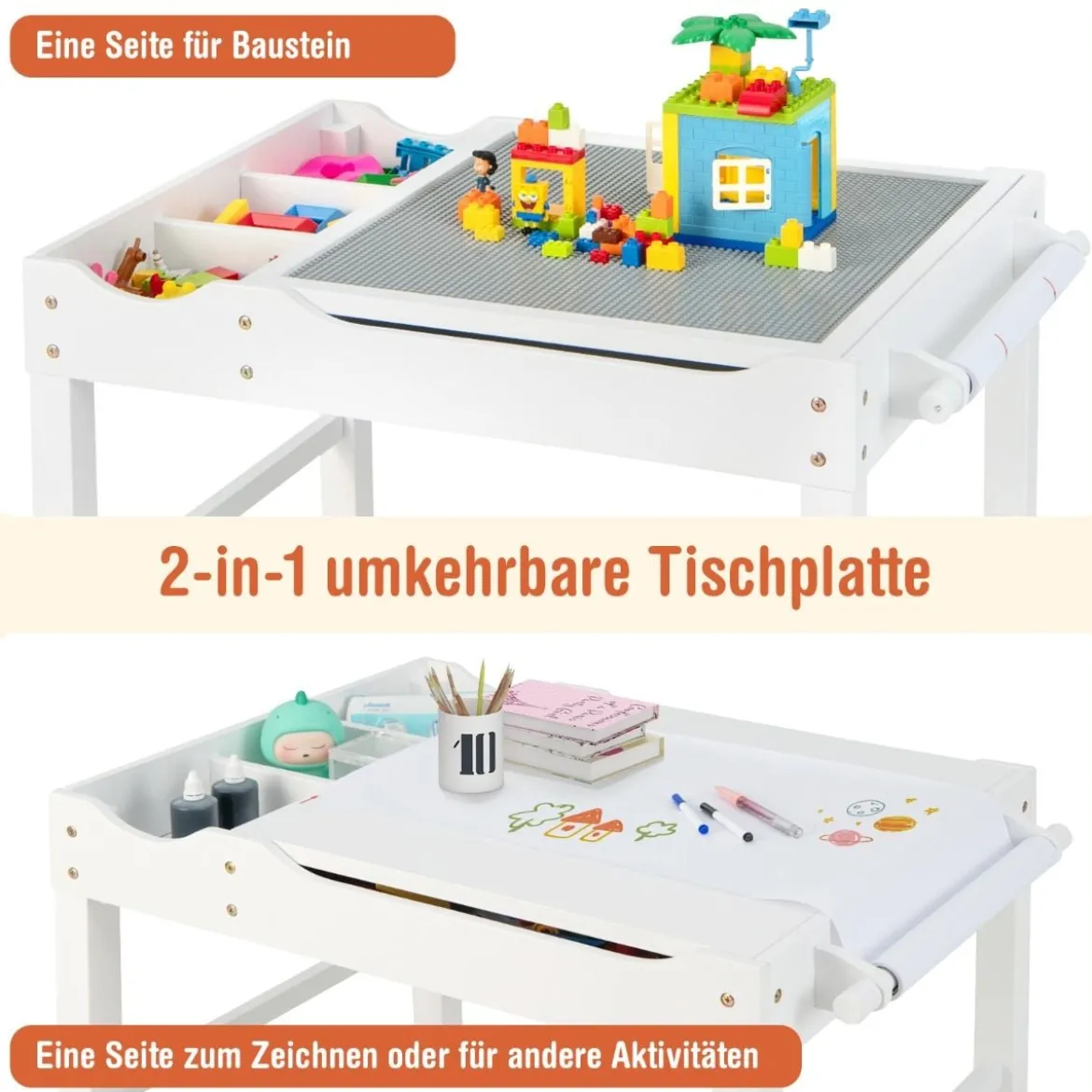 2 in 1 Kindertisch aus Kiefernholz mit Umkehrbarer Tischplatte & Stauraum & Papierrolle Weiß