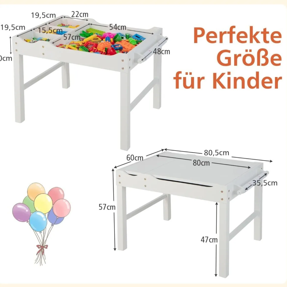 2 in 1 Kindertisch aus Kiefernholz mit Umkehrbarer Tischplatte & Stauraum & Papierrolle Weiß