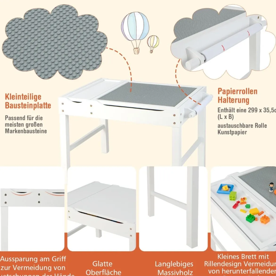2 in 1 Kindertisch aus Kiefernholz mit Umkehrbarer Tischplatte & Stauraum & Papierrolle Weiß