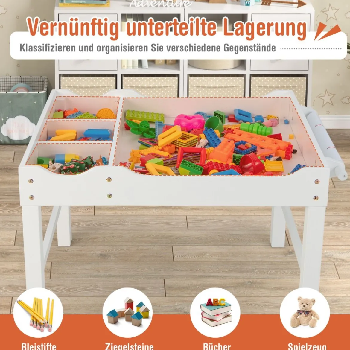 2 in 1 Kindertisch aus Kiefernholz mit Umkehrbarer Tischplatte & Stauraum & Papierrolle Weiß