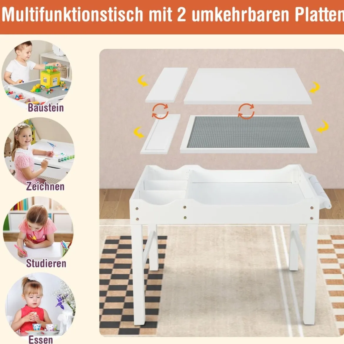 2 in 1 Kindertisch aus Kiefernholz mit Umkehrbarer Tischplatte & Stauraum & Papierrolle Weiß