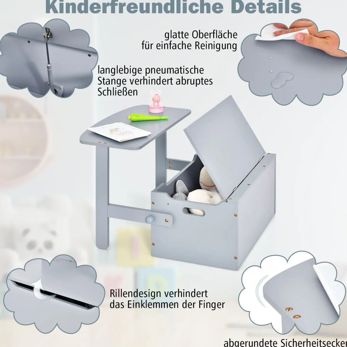 3 in 1 Kindertisch mit Sitzbank Kindersitzgruppe aus Holz mit Stauraum & Decke 60 x 34 x 57cm Grau