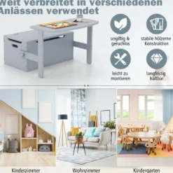 3 in 1 Kindertisch mit Sitzbank Kindersitzgruppe aus Holz mit Stauraum & Decke 60 x 34 x 57cm Grau