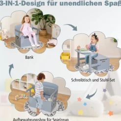 3 in 1 Kindertisch mit Sitzbank Kindersitzgruppe aus Holz mit Stauraum & Decke 60 x 34 x 57cm Grau