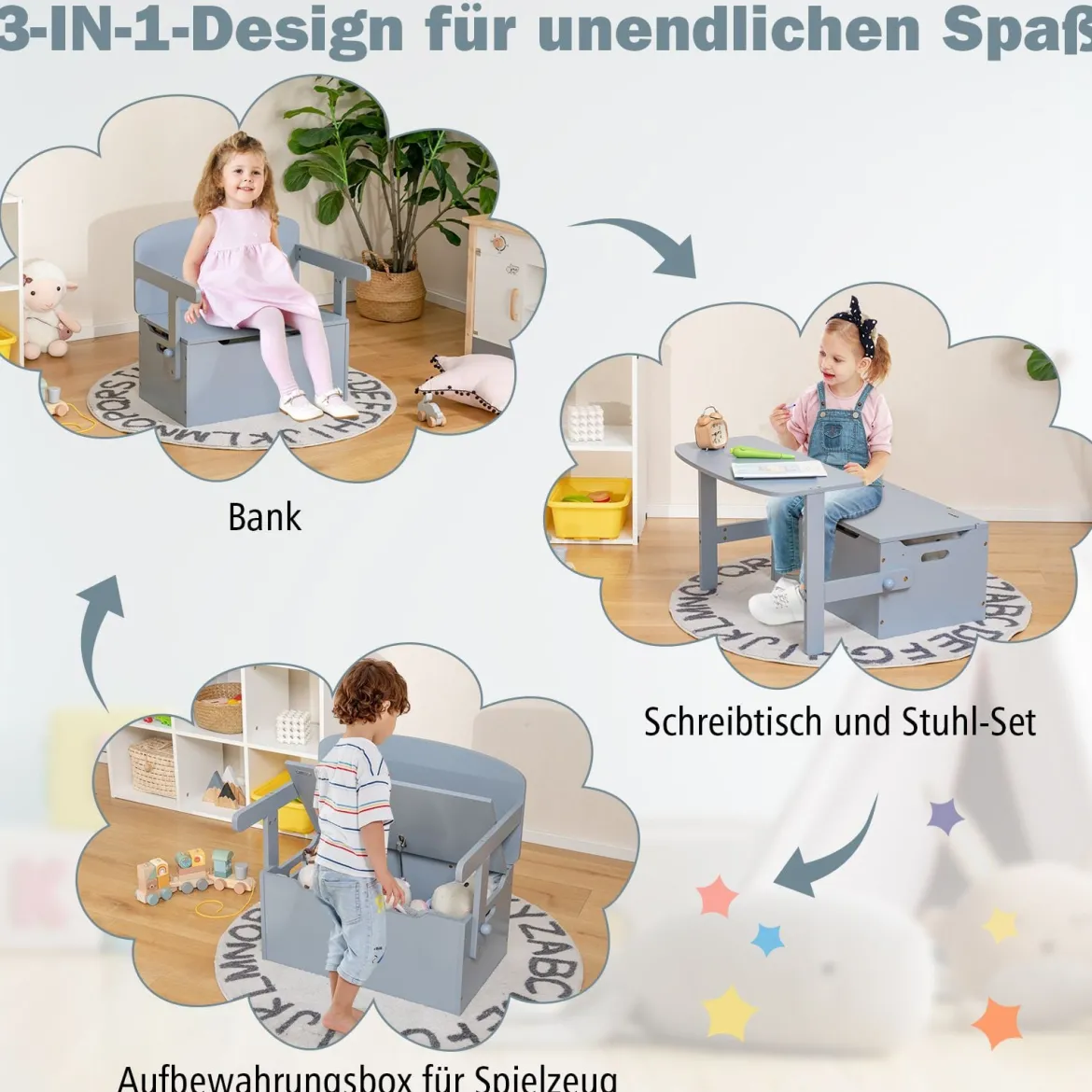 3 in 1 Kindertisch mit Sitzbank Kindersitzgruppe aus Holz mit Stauraum & Decke 60 x 34 x 57cm Grau