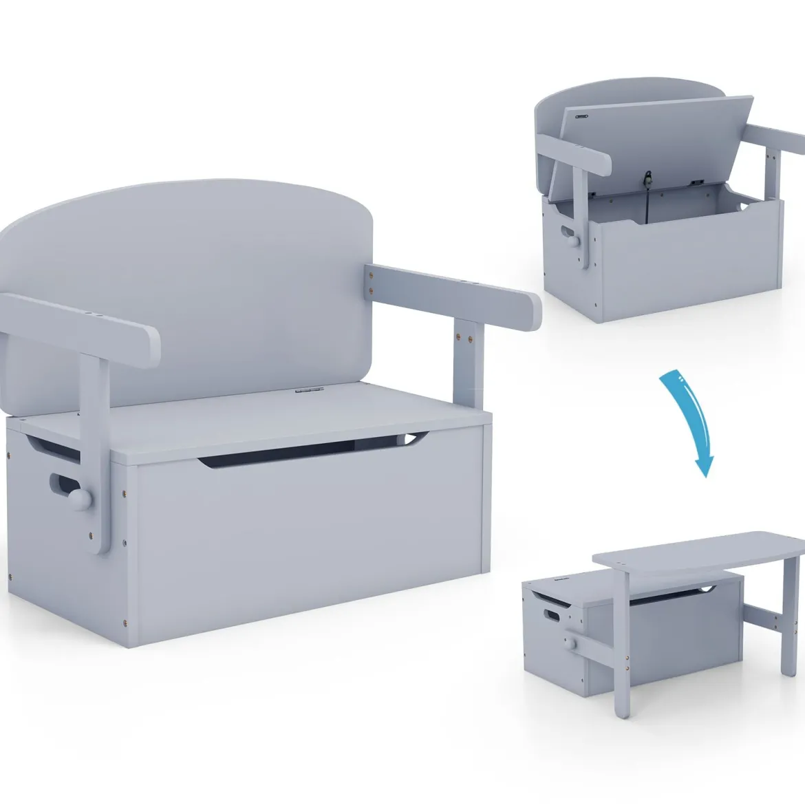 3 in 1 Kindertisch mit Sitzbank Kindersitzgruppe aus Holz mit Stauraum & Decke 60 x 34 x 57cm Grau