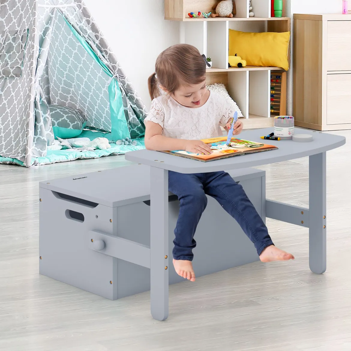 3 in 1 Kindertisch mit Sitzbank Kindersitzgruppe aus Holz mit Stauraum & Decke 60 x 34 x 57cm Grau
