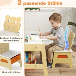 5 in 1 Kindertisch mit 2 Stühlen in Bärenform Maltisch mit Wendbarer Tafel & Whiteboard Natur