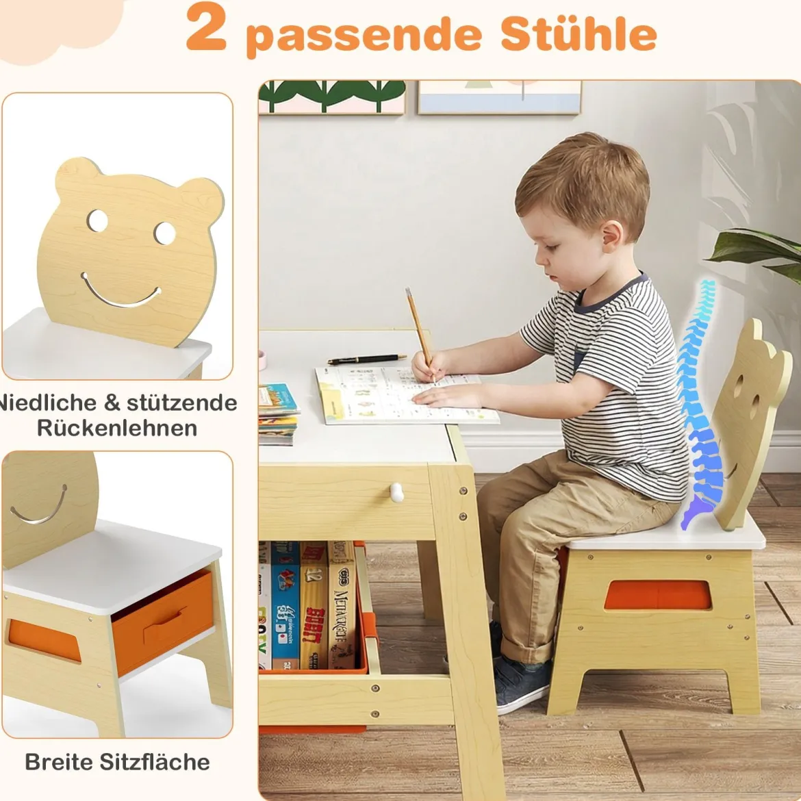 5 in 1 Kindertisch mit 2 Stühlen in Bärenform Maltisch mit Wendbarer Tafel & Whiteboard Natur