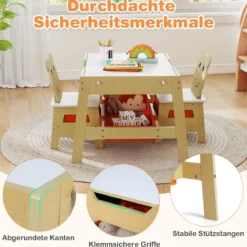 5 in 1 Kindertisch mit 2 Stühlen in Bärenform Maltisch mit Wendbarer Tafel & Whiteboard Natur