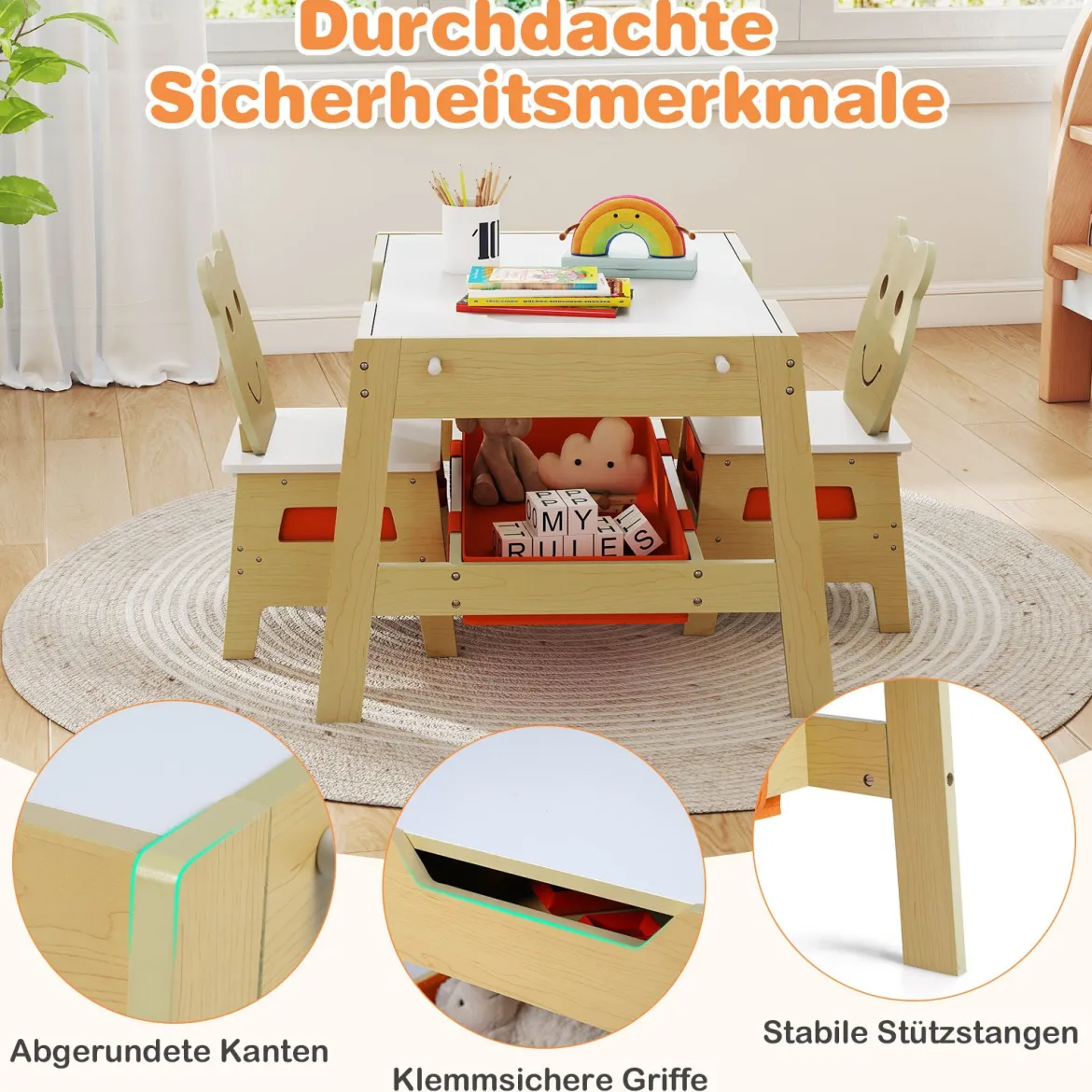 5 in 1 Kindertisch mit 2 Stühlen in Bärenform Maltisch mit Wendbarer Tafel & Whiteboard Natur