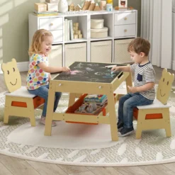 5 in 1 Kindertisch mit 2 Stühlen in Bärenform Maltisch mit Wendbarer Tafel & Whiteboard Natur