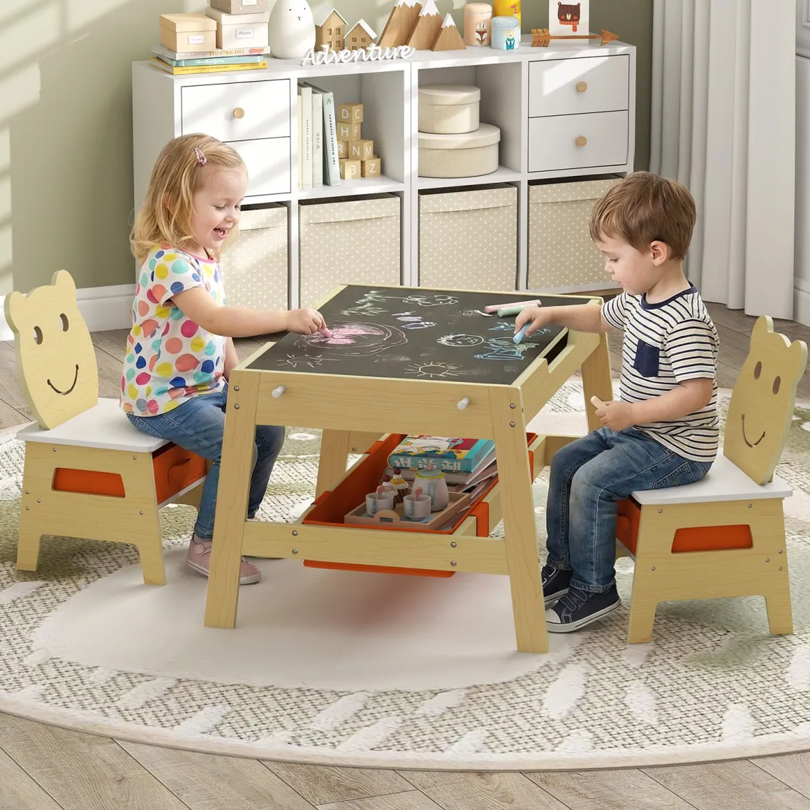 5 in 1 Kindertisch mit 2 Stühlen in Bärenform Maltisch mit Wendbarer Tafel & Whiteboard Natur