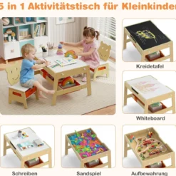 5 in 1 Kindertisch mit 2 Stühlen in Bärenform Maltisch mit Wendbarer Tafel & Whiteboard Natur