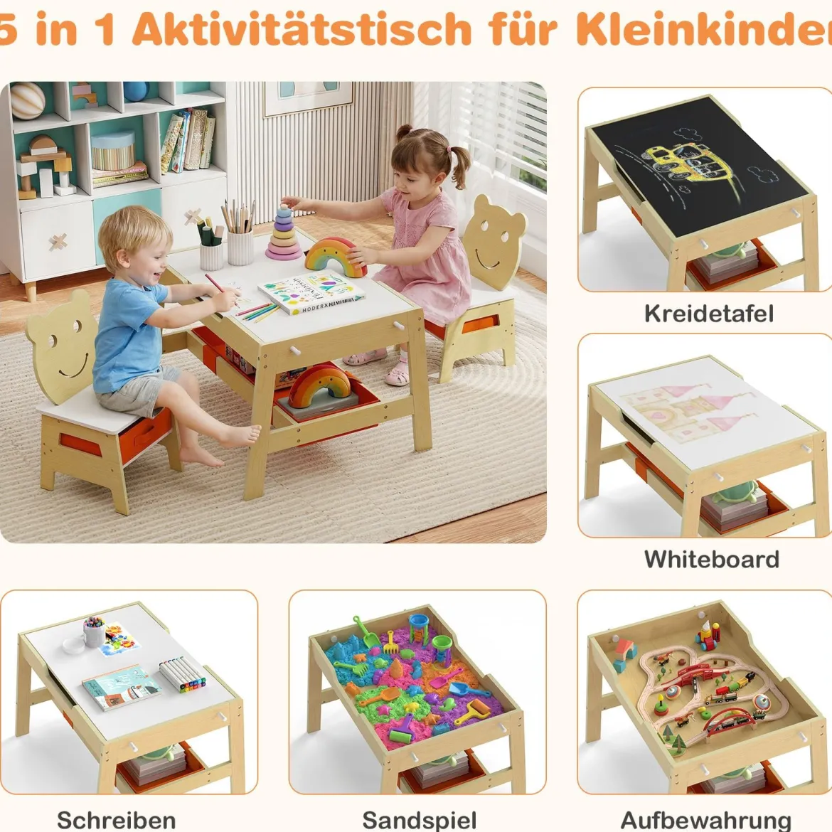 5 in 1 Kindertisch mit 2 Stühlen in Bärenform Maltisch mit Wendbarer Tafel & Whiteboard Natur