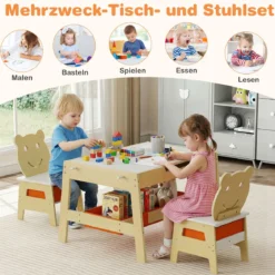 5 in 1 Kindertisch mit 2 Stühlen in Bärenform Maltisch mit Wendbarer Tafel & Whiteboard Natur