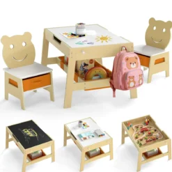 5 in 1 Kindertisch mit 2 Stühlen in Bärenform Maltisch mit Wendbarer Tafel & Whiteboard Natur