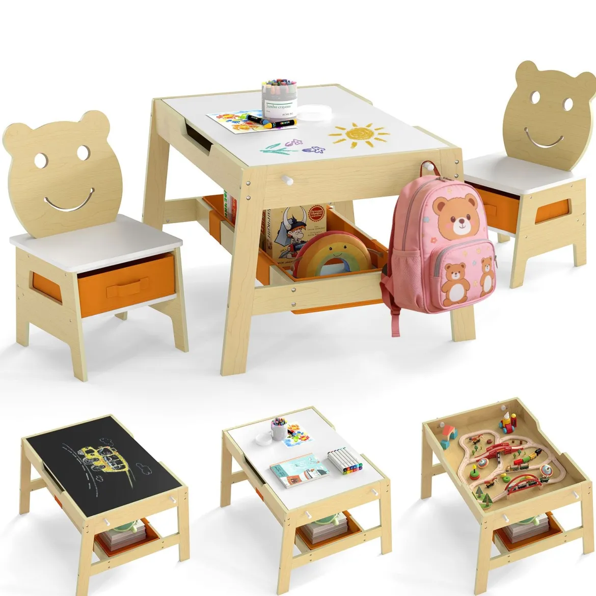 5 in 1 Kindertisch mit 2 Stühlen in Bärenform Maltisch mit Wendbarer Tafel & Whiteboard Natur