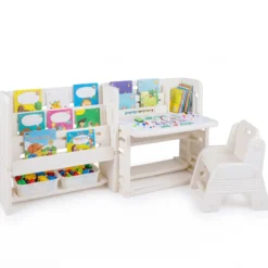 4 in 1 Kinder Tisch Stuhl Set Kindertisch mit Bücherregalen & Whiteboard & 2 Aufbewahrungsboxen Maltisch