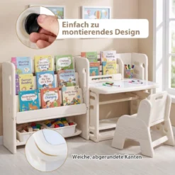 4 in 1 Kinder Tisch Stuhl Set Kindertisch mit Bücherregalen & Whiteboard & 2 Aufbewahrungsboxen Maltisch