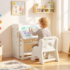 4 in 1 Kinder Tisch Stuhl Set Kindertisch mit Bücherregalen & Whiteboard & 2 Aufbewahrungsboxen Maltisch