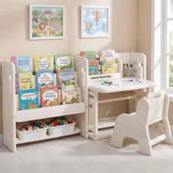 4 in 1 Kinder Tisch Stuhl Set Kindertisch mit Bücherregalen & Whiteboard & 2 Aufbewahrungsboxen Maltisch