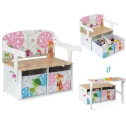 3 in 1 Kinder Tisch & Stuhl-Set mit 2 Abnehmbaren Stoffkörben zum Malen & Spielen & Lernen Weiß