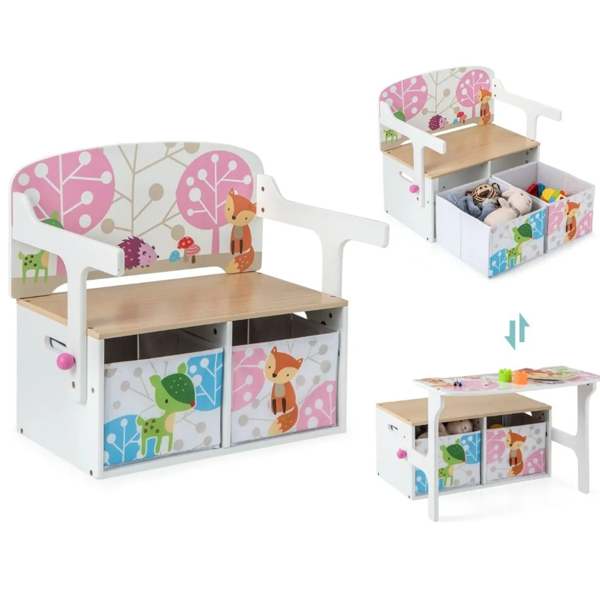 3 in 1 Kinder Tisch & Stuhl-Set mit 2 Abnehmbaren Stoffkörben zum Malen & Spielen & Lernen Weiß