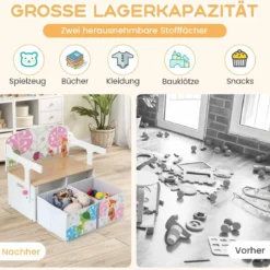 3 in 1 Kinder Tisch & Stuhl-Set mit 2 Abnehmbaren Stoffkörben zum Malen & Spielen & Lernen Weiß