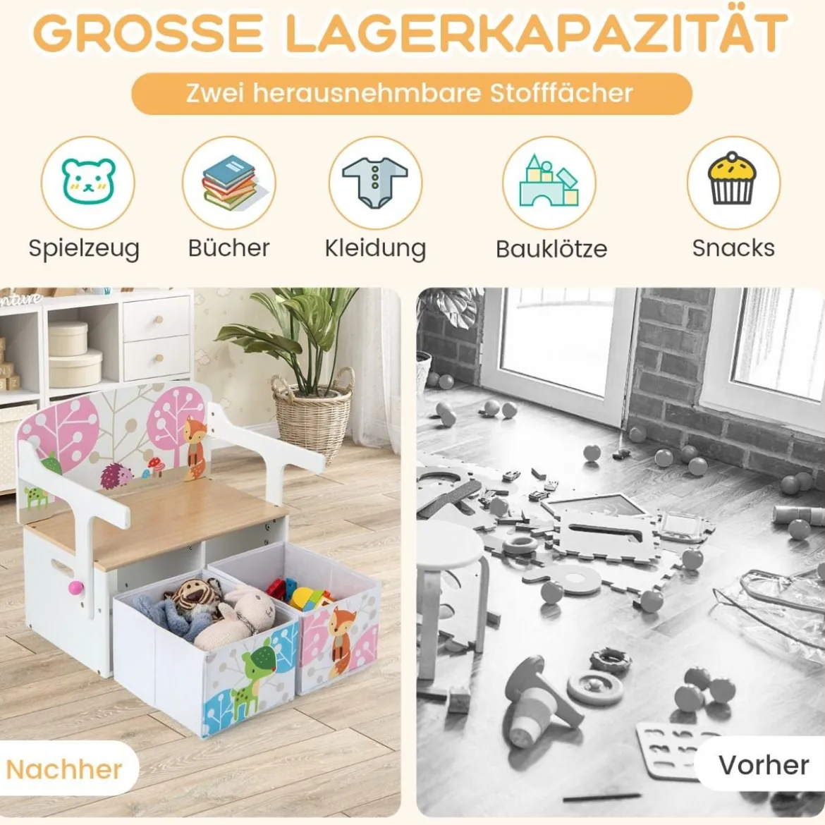 3 in 1 Kinder Tisch & Stuhl-Set mit 2 Abnehmbaren Stoffkörben zum Malen & Spielen & Lernen Weiß